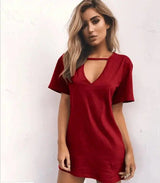 deep V short-sleeved T-shirt loose casual dress-Claret-45