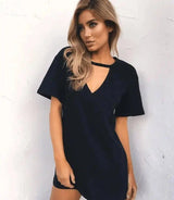 deep V short-sleeved T-shirt loose casual dress-black-47