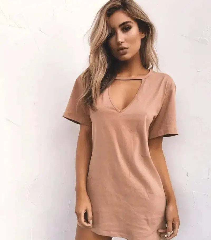 deep V short-sleeved T-shirt loose casual dress-Nudecolor-80