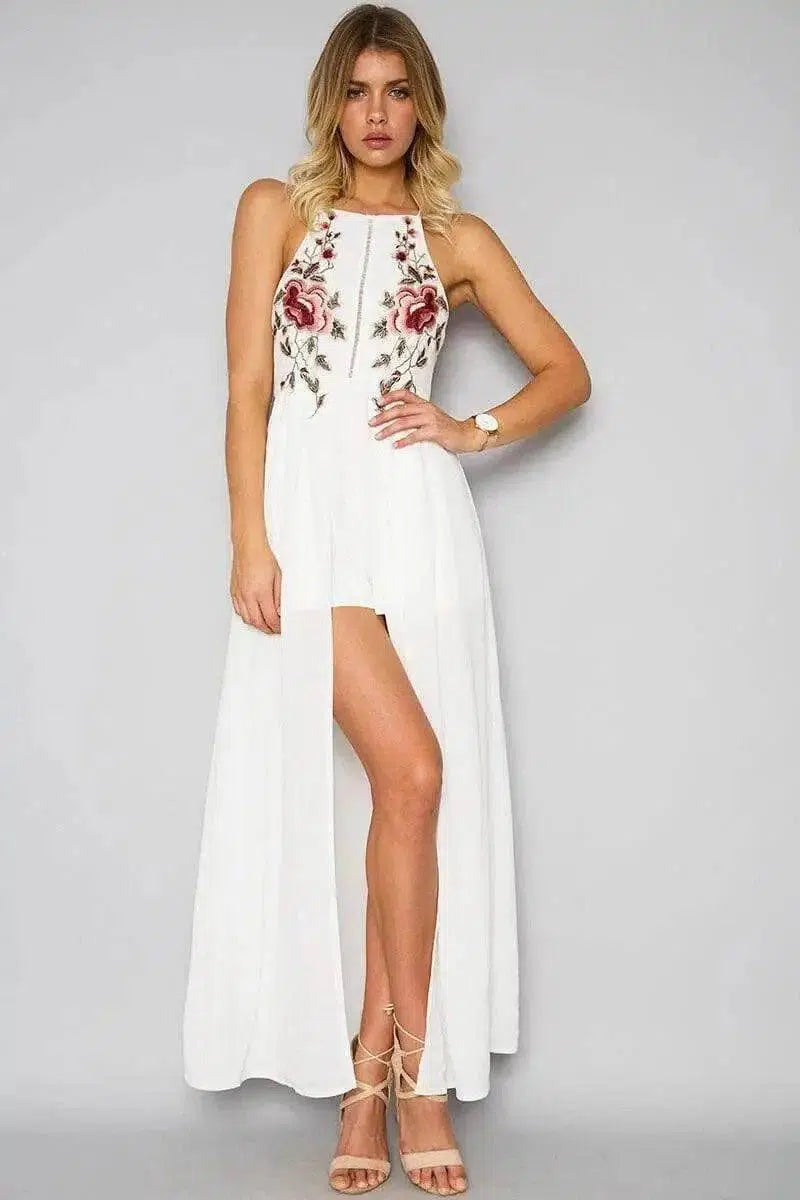 halter backless hand-embroidered split dress-white-14