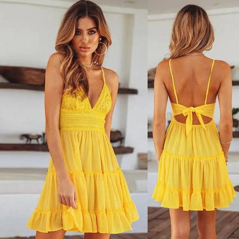 lace sling stitching bow princess dress-Yellow-27