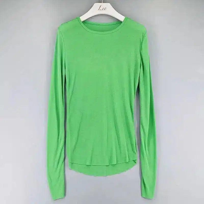 Women's Long Sleeve Crew Neck Top-Green-5