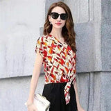 Women's V-Neck Geometric Print Casual Top-Red-2