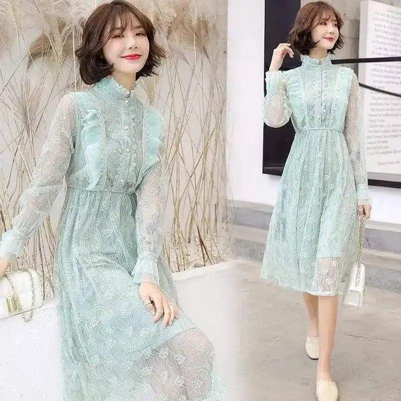 Elegant Lace Midi Dress with High Neck-1