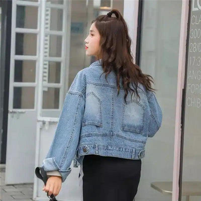 Single-row button-collar casual jean jacket with short,-1