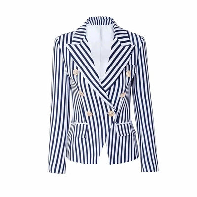 Women's Striped Double-Breasted Blazer-Blue-3