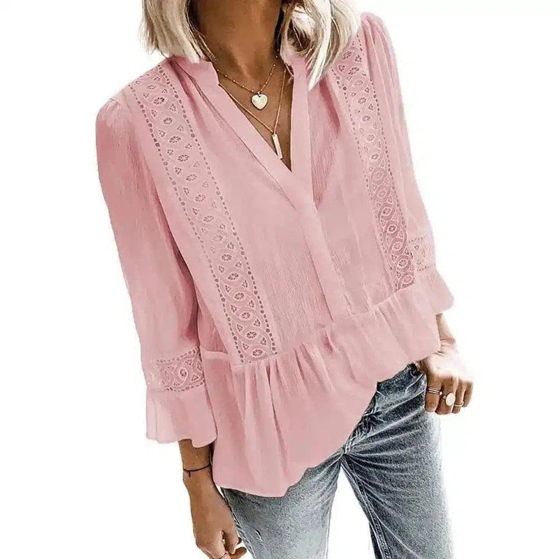 Lace Detail Women's Casual V-Neck Blouse-Pink-3