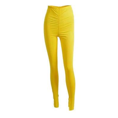 Solid color pleated leggings-Yellow-3