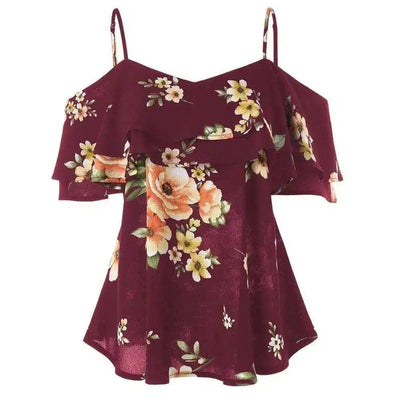 Strapless floral chiffon shirt-Red wine-5