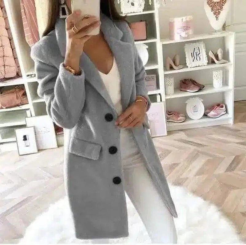 Womens Mid-Length Buttoned Coat-Grey-3