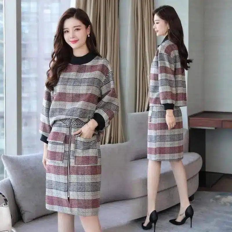 Womens Plaid Sweater Dress with Belt-Red-2