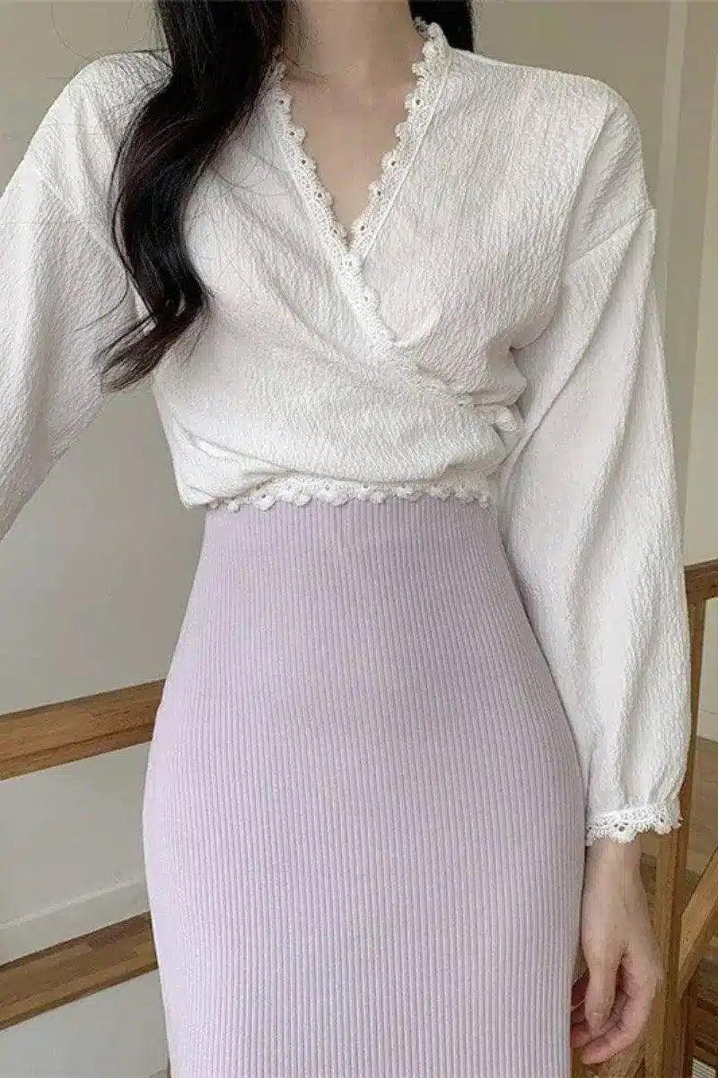 Lace Trim V-Neck Blouse & Knit Pencil Skirt-1