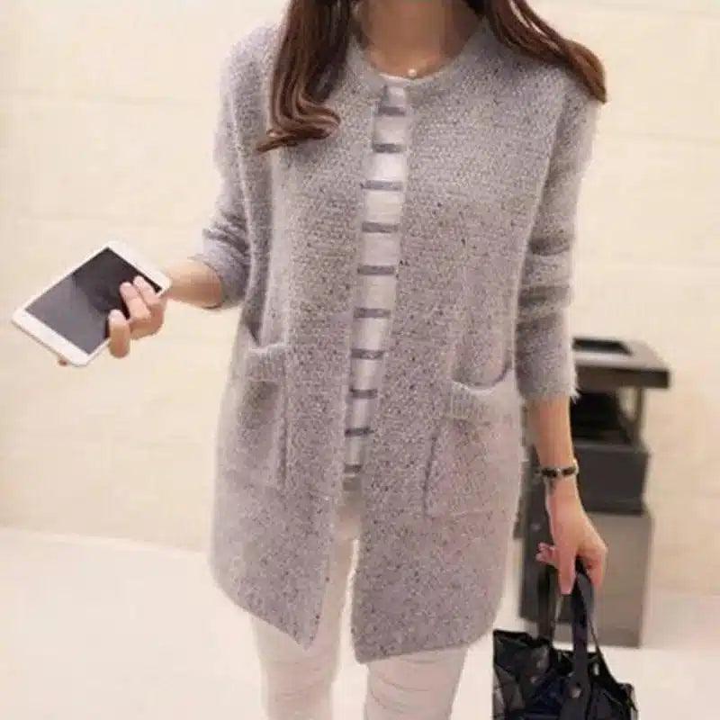 Women's Knit Cardigan with Pockets-Light Gray-2