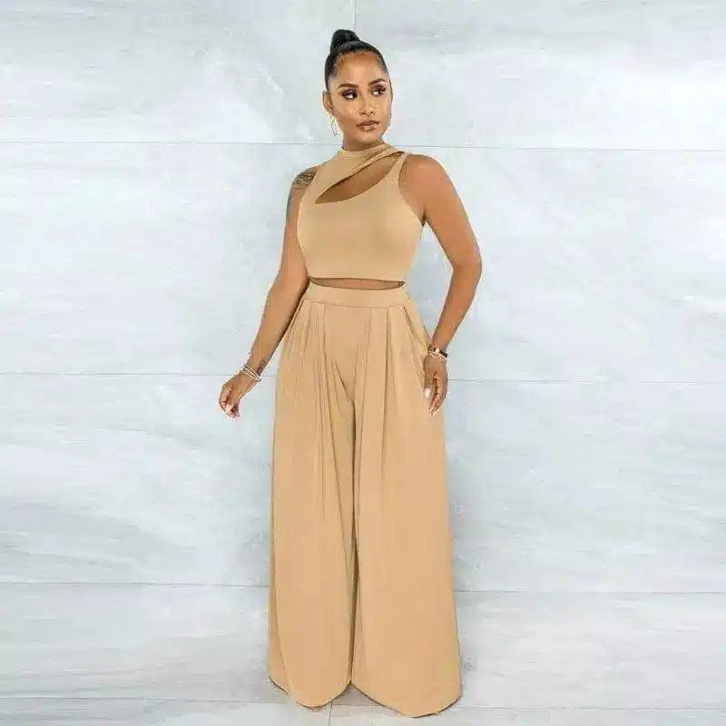 Women's One-Shoulder Jumpsuit with Wide-Leg Pants-Khaki-4