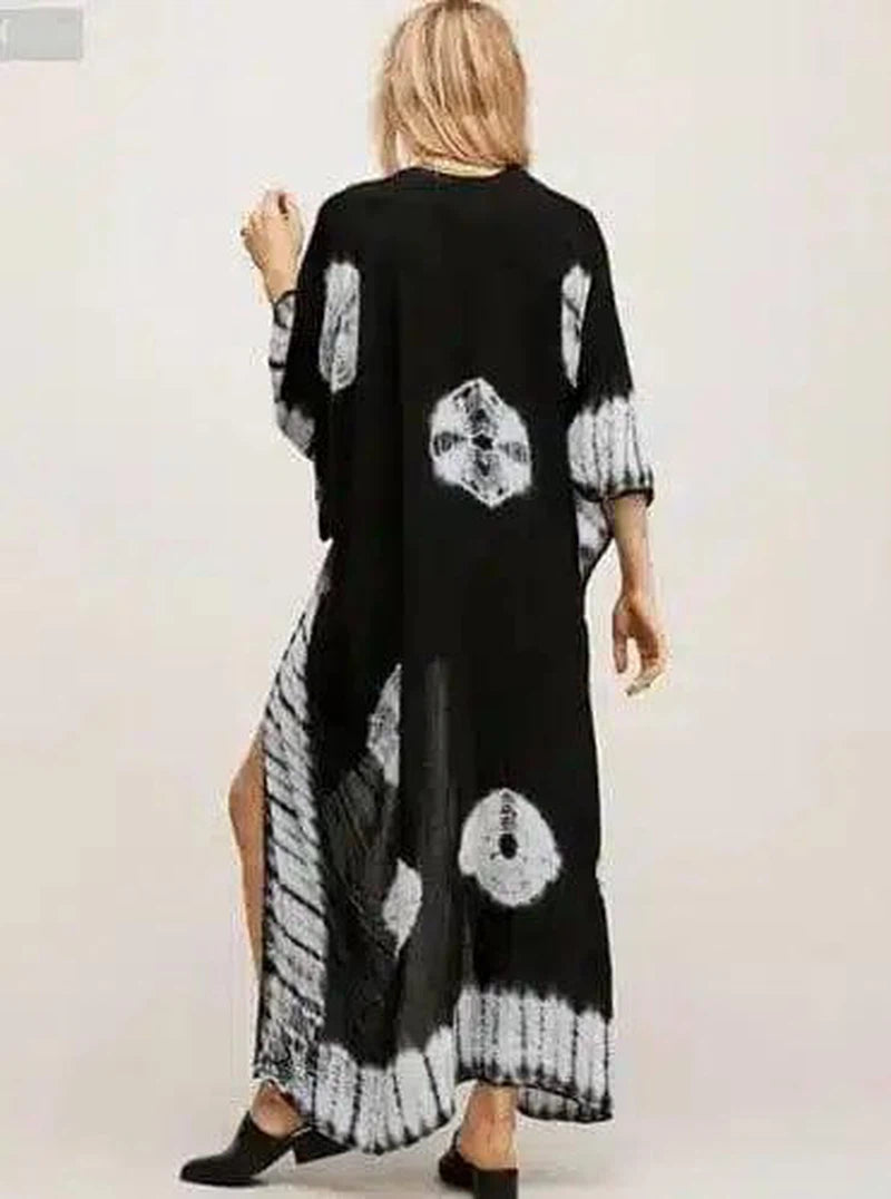 Three Quarter Sleeve Cape Chiffon Beach Shirts Knits Cover-Black-2