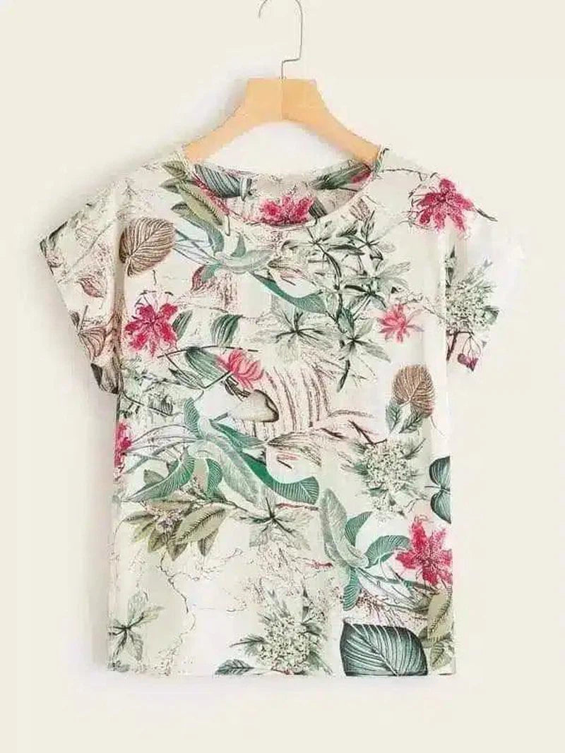 Floral Print Casual Summer T-Shirt-Pink-4