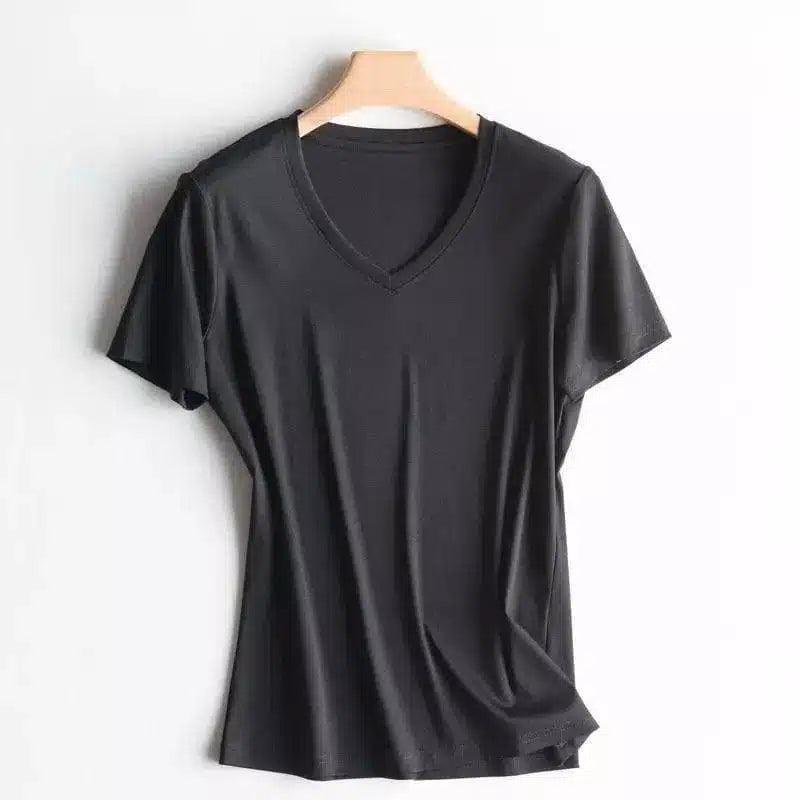 V-neck mercerized cotton T-shirt-Black-4