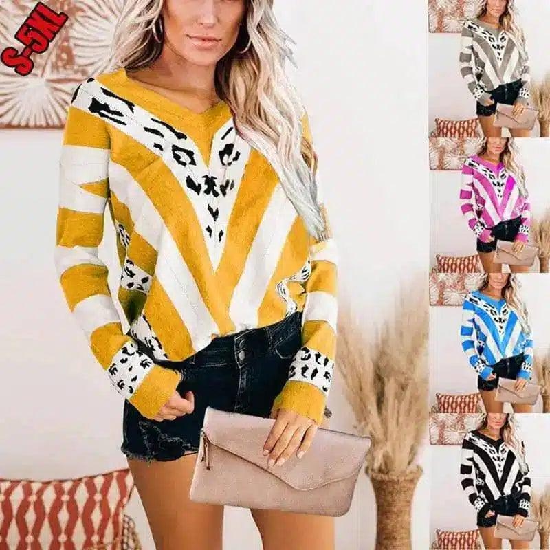 Striped Animal Print Women's Casual Sweater-1