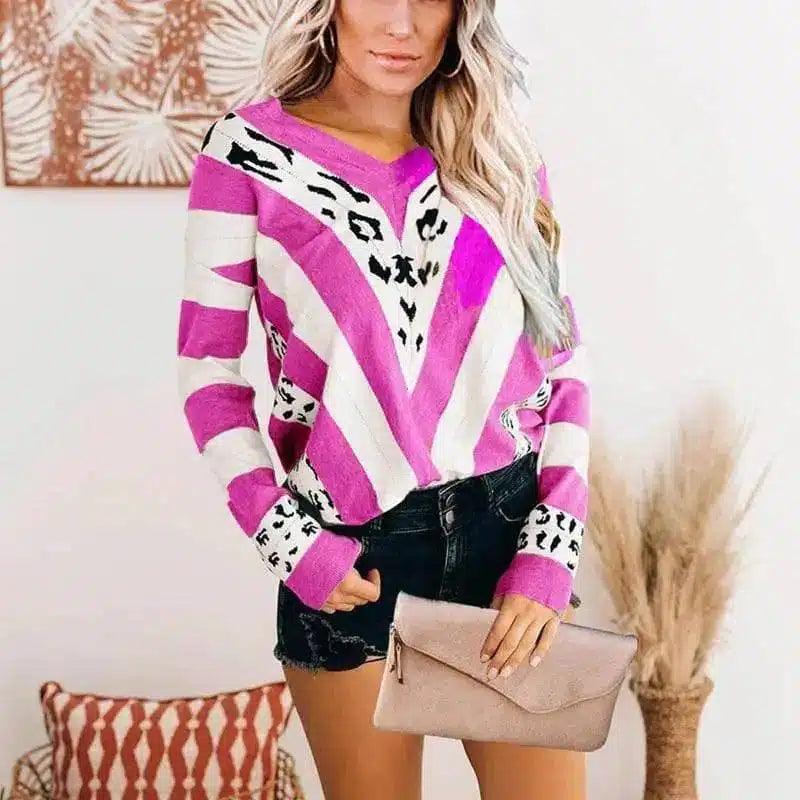 Striped Animal Print Women's Casual Sweater-Rose Red-3