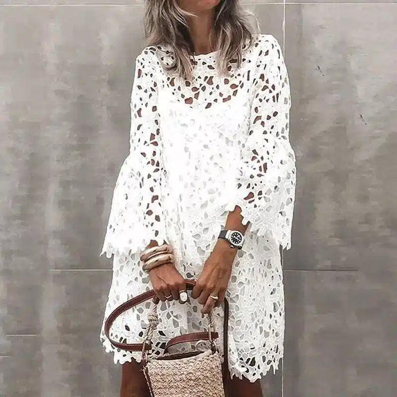 Women's Lace Poncho Top-White-1