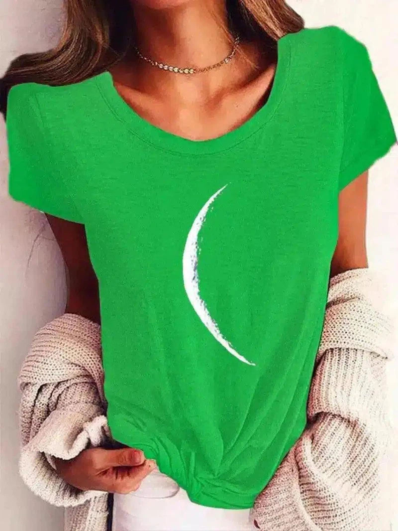 Crescent Moon Print Casual Women's Tee-Bright green-6