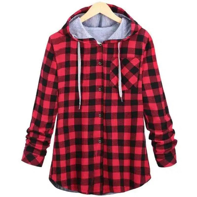 Hooded Flannel Checkered Shirt with Pockets-Red-1