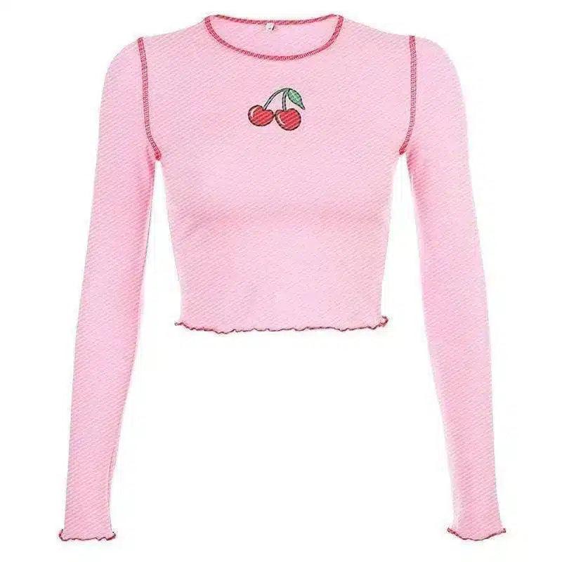 Women's Long Sleeve Crop Top with Cherry Design-1