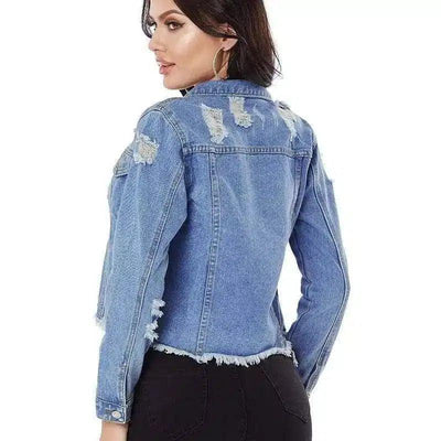 Women's frayed denim jacket-Blue-3