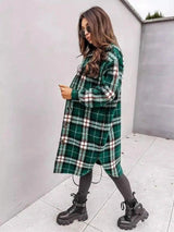 Plaid Wool Blend Long Coat for Women-Green-4