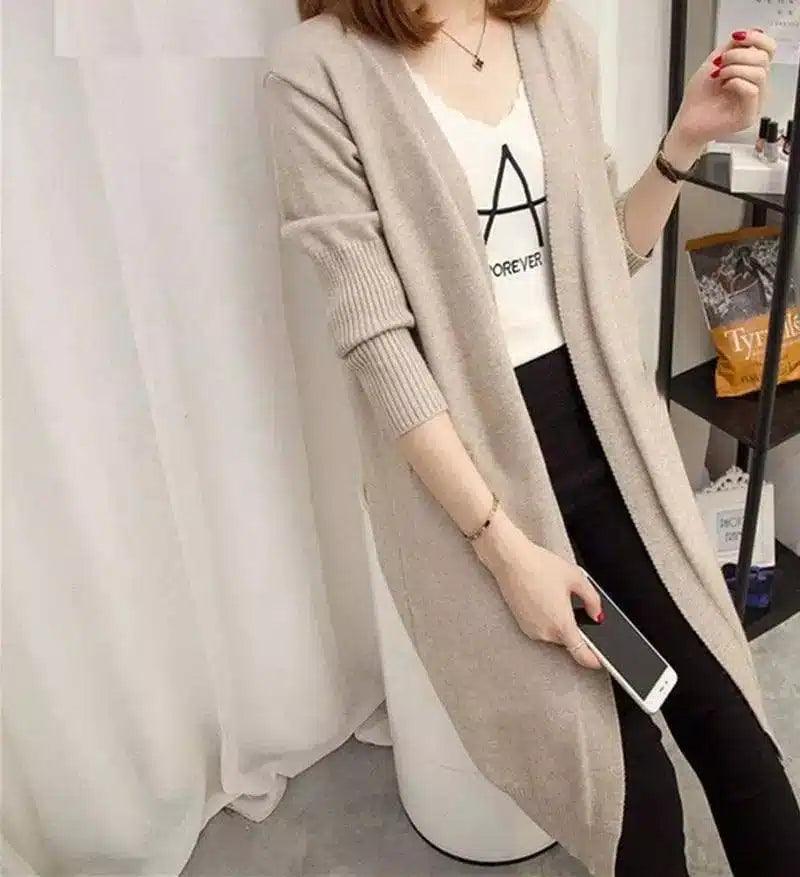 Women's Long Knit Cardigan with Pockets-Apricot-5