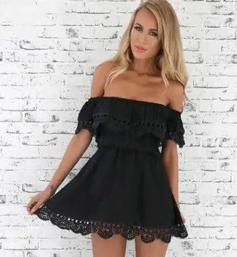 Women's Off Shoulder Lace Dress-Black-12