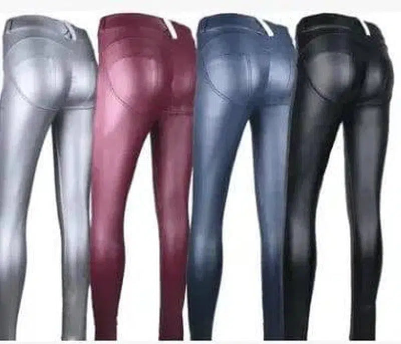 Women's Peach Hip Color High Elastic Leather Pants-1