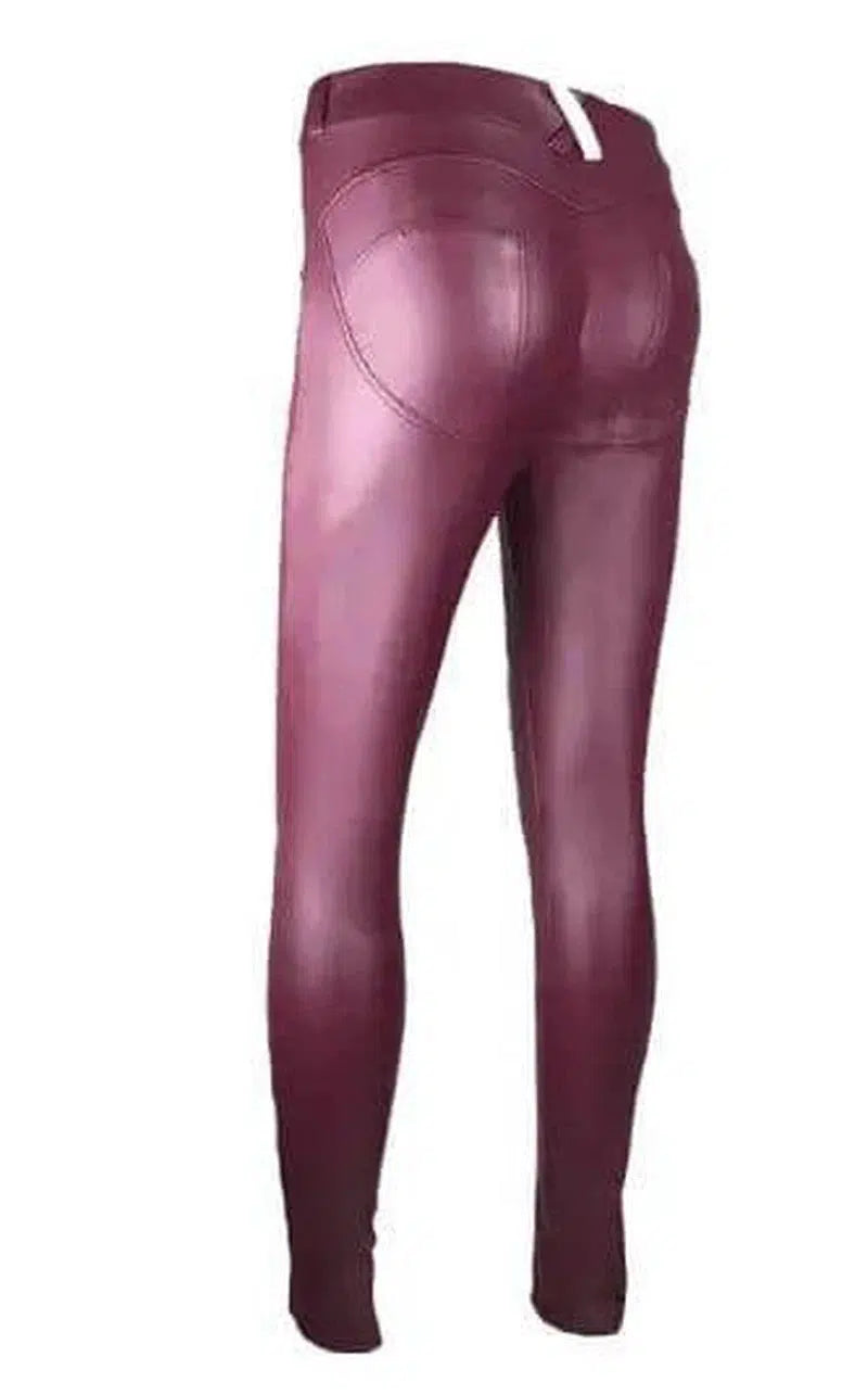 Women's Peach Hip Color High Elastic Leather Pants-Red wine-4