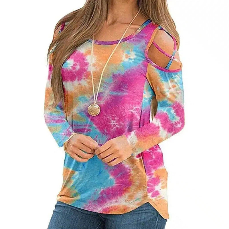 LOVEMI - Lovemi - Women's Printed Long Sleeve Off Shoulder T-Shirt