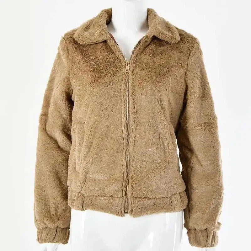 Faux Fur Zip-Up Jacket for Women-Coffee-4