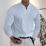 Male Fashion Casual Solid Color V-neck Long Sleeve Shirts-White-11