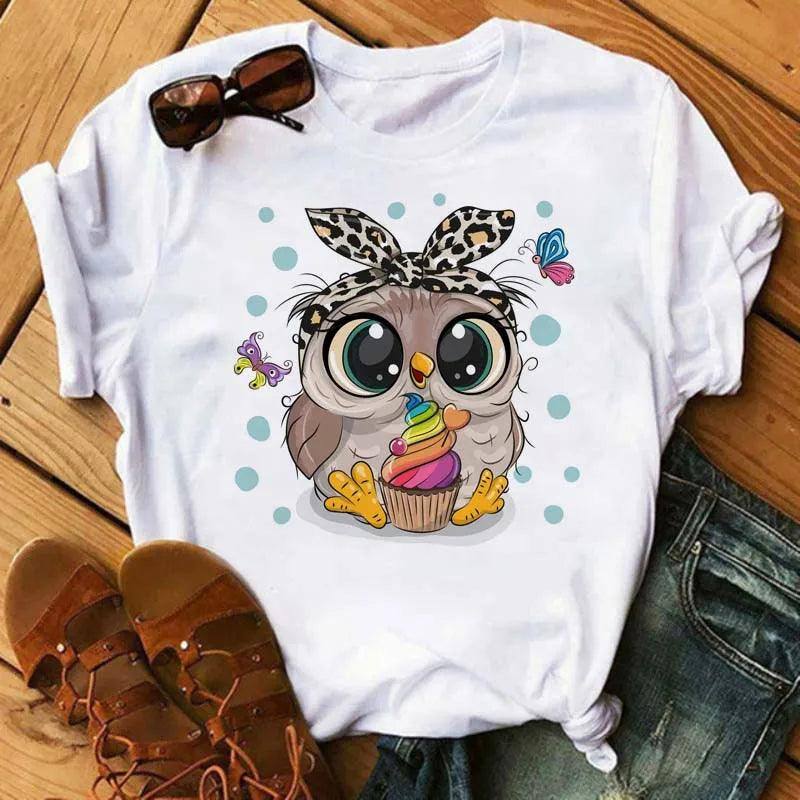 Maycaur Cartoon Owl Print T Shirt Women Kawaii Graphic-BT6636-4