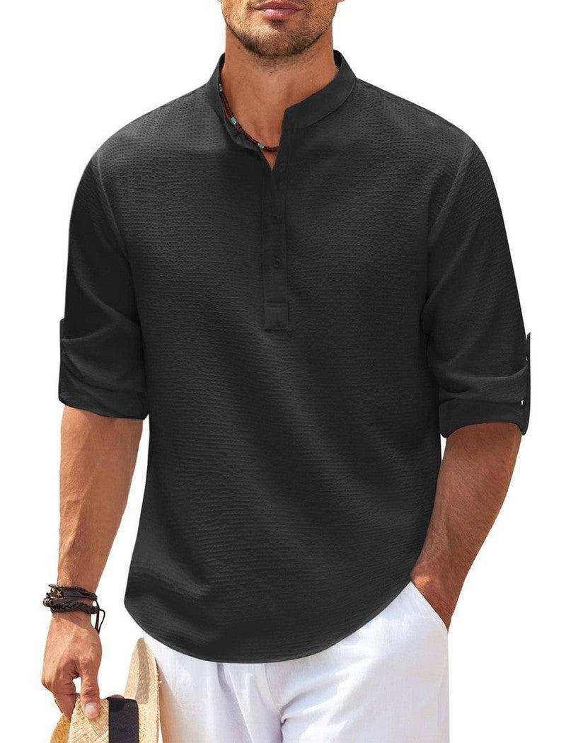 Men's Casual Shirt Long Sleeve Stand Collar Solid Color Shirt Mens Clothing Khaki / 5XL-Black-5