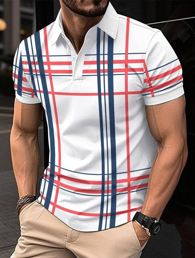 Men's Printed Lapel Button Sport Short Sleeved Shirt Navy Blue / 3XL-White-6