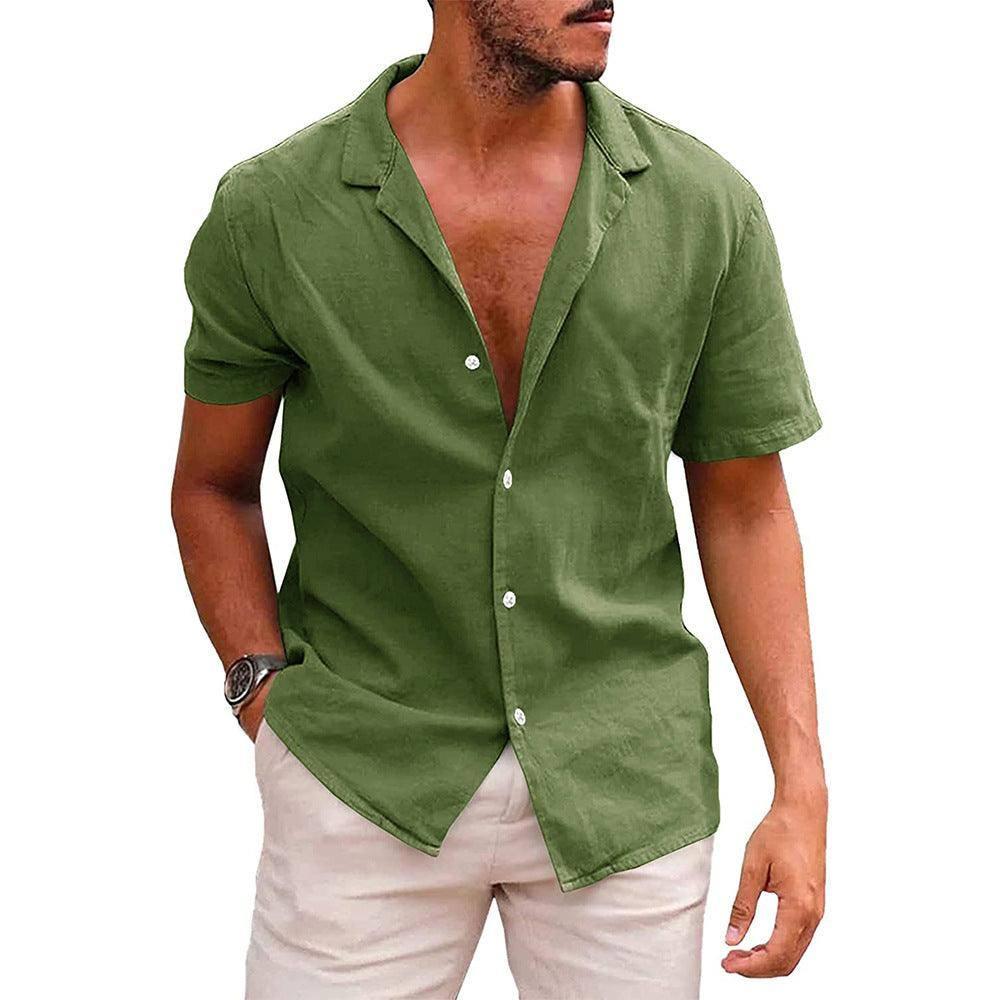 Men's Tops Casual Button Down Shirt Short Sleeve Beach Shirt-Army green-11