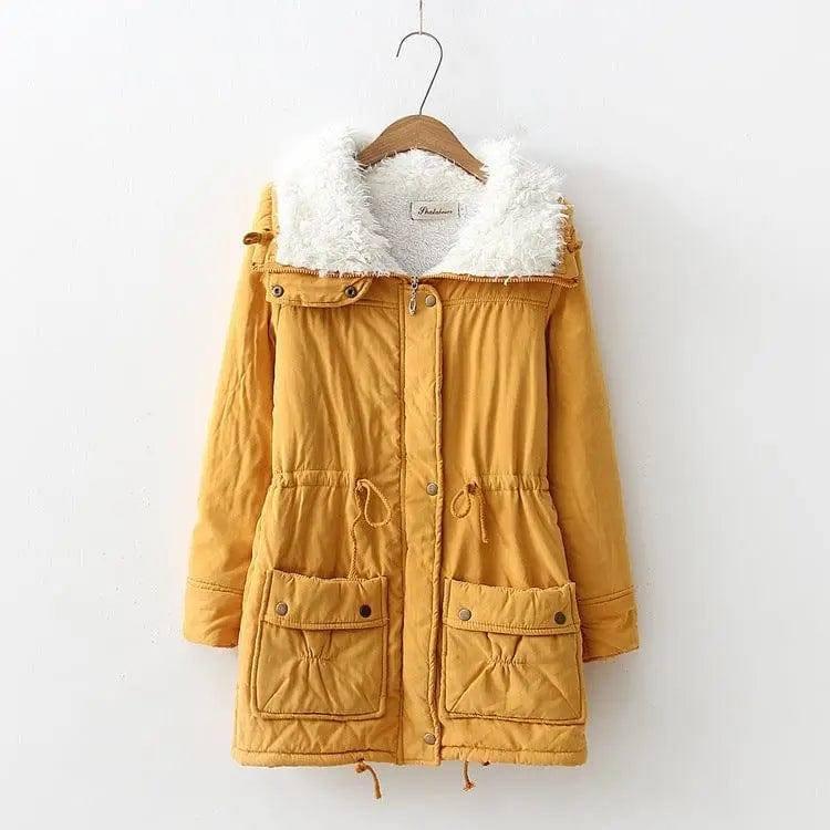 Mid-length Slim-fit Peach Skin Coat-Yellow-7