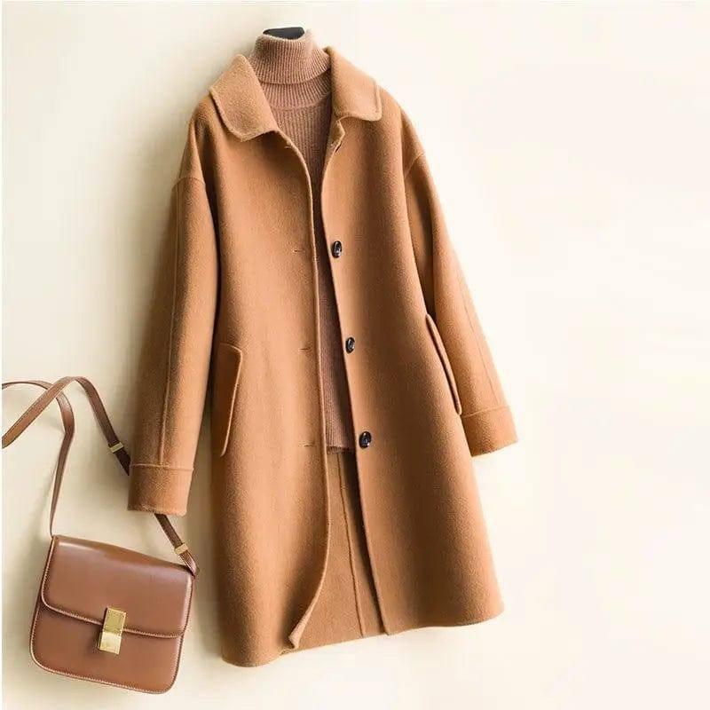 Mid-length women's woolen coat trench coat-Khaki-5