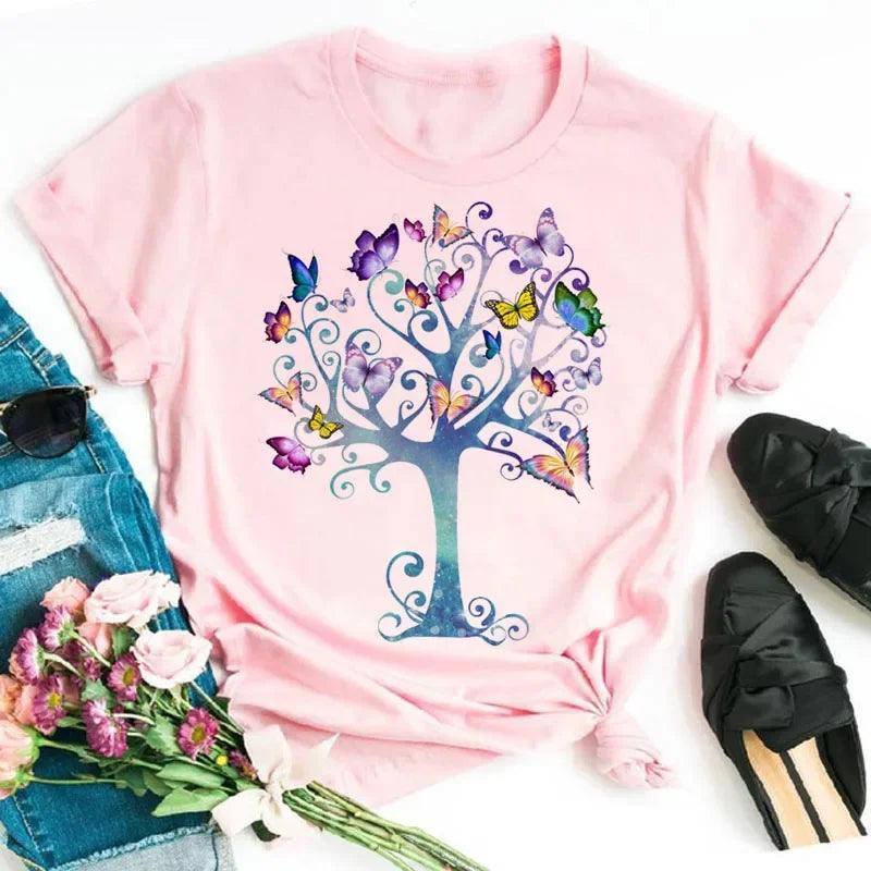 New Fashion Women T-shirt Colorful Butterfly Petal Print-29