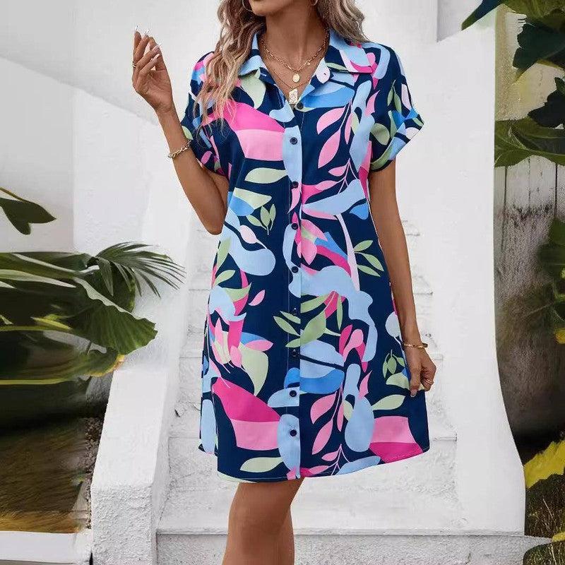 New Floral Print Short Sleeve Shirt Dress Summer Fashion-Dark Blue-2