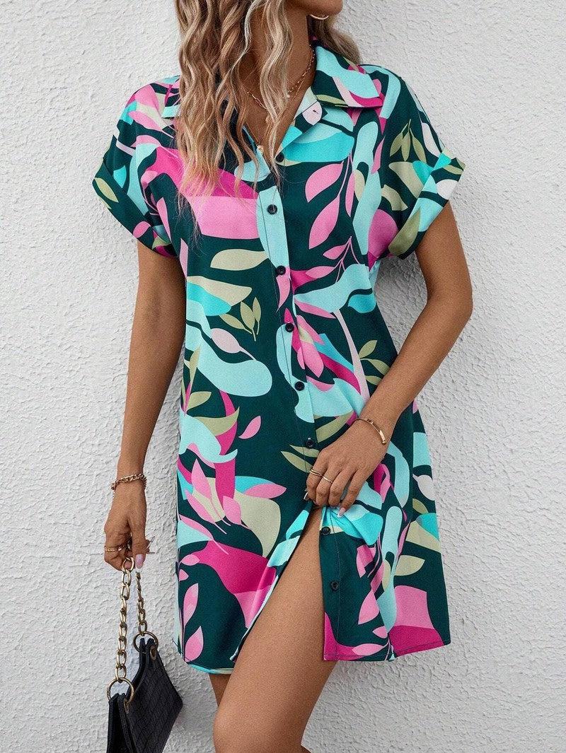 New Floral Print Short Sleeve Shirt Dress Summer Fashion-Green-7