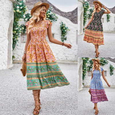 New Flowers Print V-neck Dress Summer Casual Ruffle-1