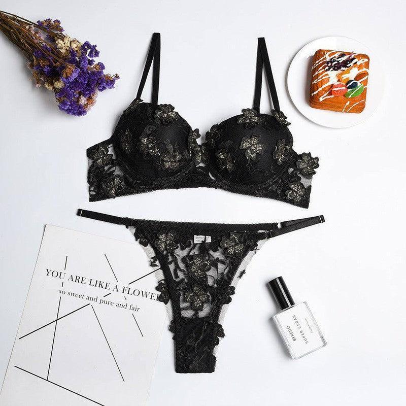 New Lingerie Set Flower Embroidery Girl Underwear With-Black-7