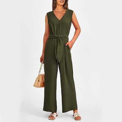 New V-neck Sleeveless Long Jumpsuit With Pockets And Lace-up Army Green / 2XL-Army Green-5