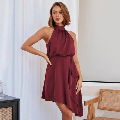 New Women's Dress Hanging Neck Tank Top Evening Dress-GQQI050 Wine Red-1