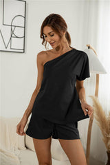 Off-the-shoulder Short Sleeve Sloping-shoulder Off The-shoulder Casual Two-piece Suit-10